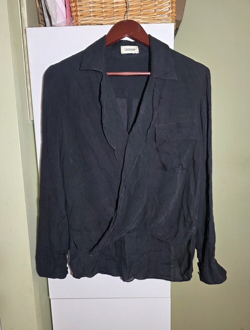 L'agence sheer long sleeve silk faux wrap blouse shirt top black small